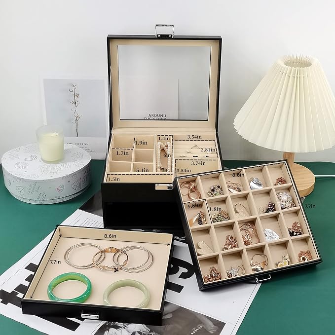 BOOVO Clear Lid Jewelry Box,3 Layers Jewelry Organizer Large Jewelry Storage Box with 2 Drawers,Jewelry Holder Organzier of Rings Earrings Necklace Bracelets for Women (Black, 3 Layer)