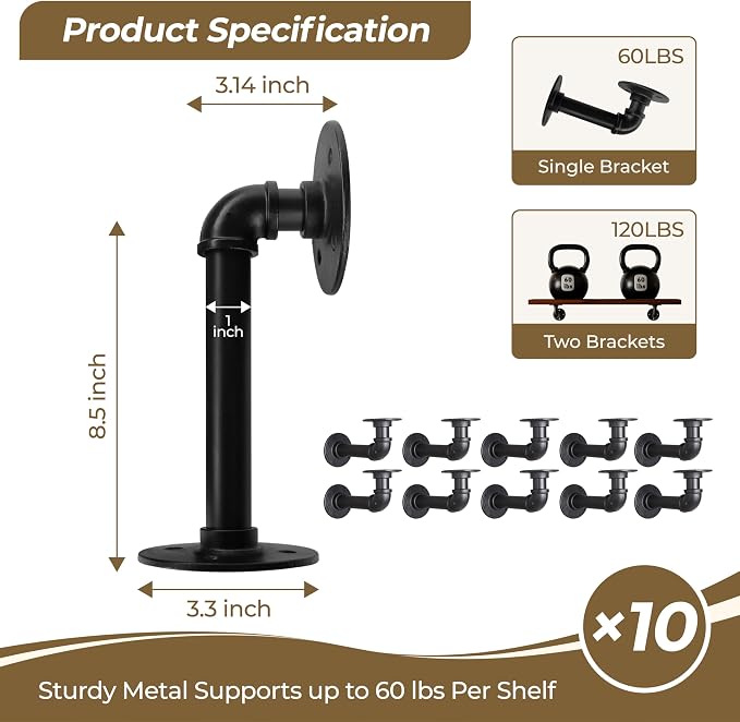 Industrial L Pipe Shelf Brackets for 9-18 in Depth Wood Heavy-Duty 3/4" Iron,Wall Mount Floating Shelf Bracket L Metal Pipe Shelving Brackets for Wood-Black DIY Pipe Shelves(8.5*3.1 Inch 10 Pack)