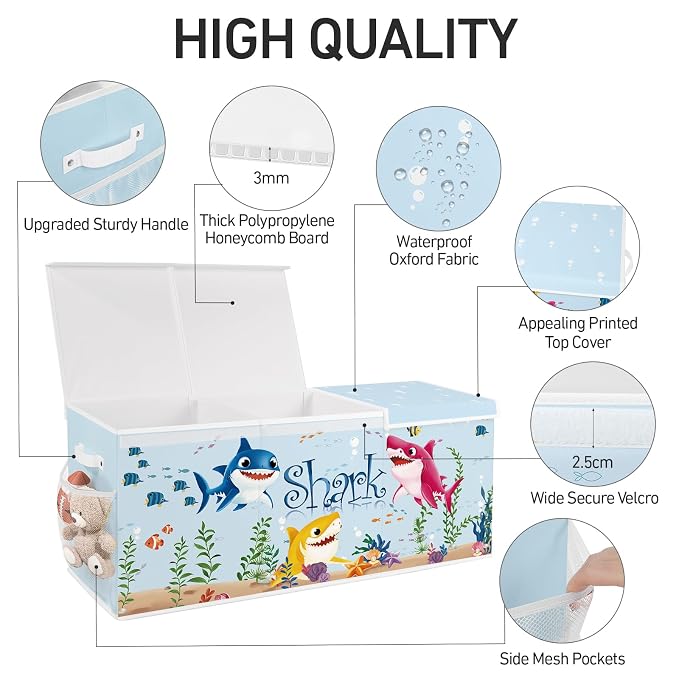 Extra Large Collapsible Toy Box with Lids, Sturdy Storage Organizer for Kids, 38"x16"x13" Toy Chest for Playroom, Nursery, Bedroom, Living Room (Sharks)