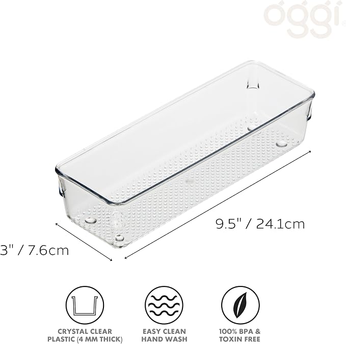 Oggi Clear Drawer Organizer, 3" X 9" | Pack of 2 | For Kitchen | For Office | For Bathroom