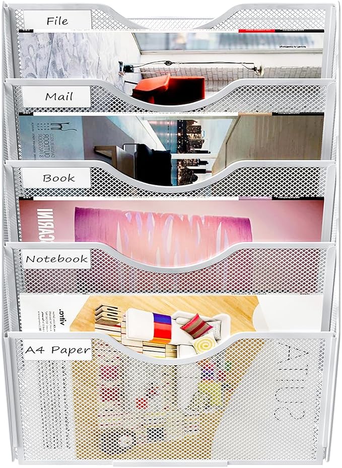 PAG Hanging Wall File Holder, 5 Tier Mail Sorter for Wall, Mesh Office Wall Organizer For Papers/Folders/Files Clipboard & Magazine, White