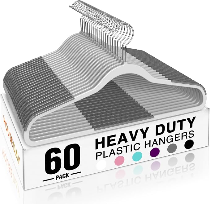 HOUSE DAY Heavy Duty Plastic Hangers 60 Pack, Non Slip Clothes Hangers with Rubber Pads and 360° Hook - Thin 0.2 Inch, Space Saving Coat Hanger Grey, Closet Organizer for Shirt, Pants, Suit, Skirt