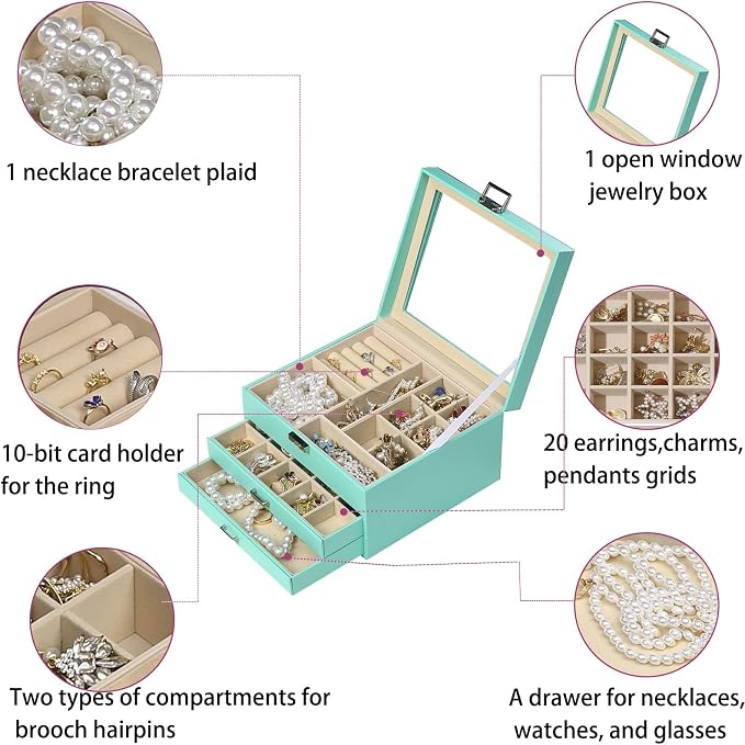 BOOVO Clear Lid Jewelry Box,3 Layers Jewelry Organizer Large Jewelry Storage Box with 2 Drawers,Jewelry Holder Organzier of Rings Earrings Necklace Bracelets for Women (Turquoise, 3 Layer)