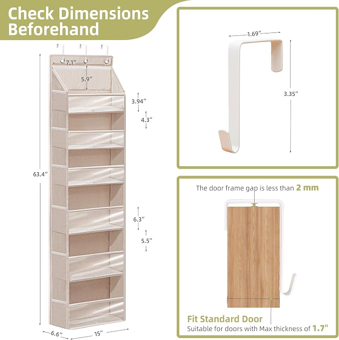 Over Door Organizer with 6 Extra Large Pockets 12 Side Pockets, Sturdy Closet Storage Rack, Hanging Storage Organizer with Clear Window for Shoes, Diaper, Bedroom, Bathroom, Beige, 6-Pack