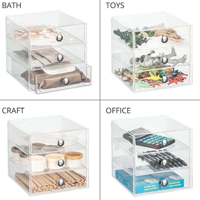 iDesign Stackable 3-Drawer Makeup Organizer, Set of 2, Clear | Bathroom Storage, Vanity Storage