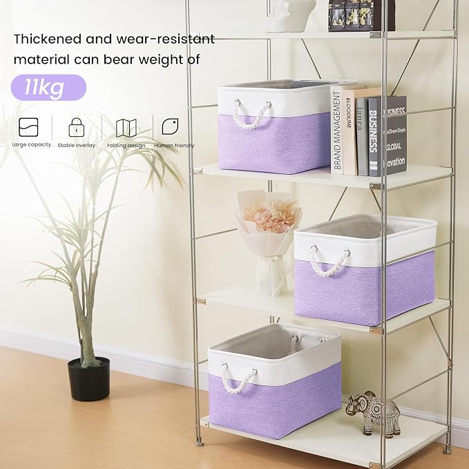 Large Storage Baskets- 15x11x10 inch Storage Bins for Shelves and Closet Organizing, Foldable Fabric Bin for Home Organization Clothes and Laundry (1-Pack, White&Purple)