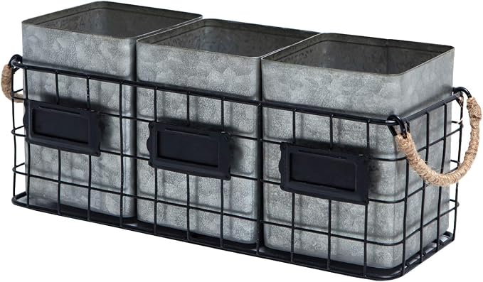 NIKKY HOME Farmhouse 3 Compartment Galvanized Flatware Cutlery Caddy Countertop Silverware Holder for Spoons, Knives, Forks - Silver