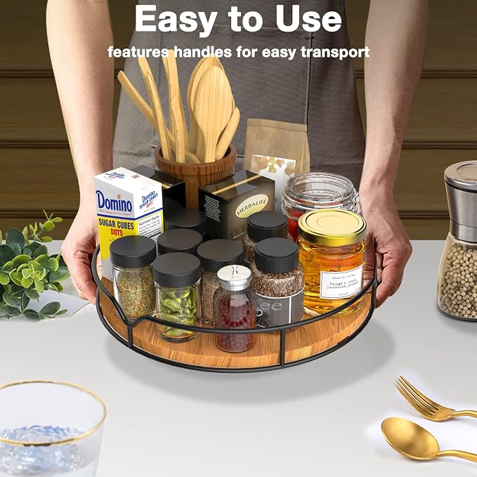 Lazy Susan Turntable Organizer with Anti-Slip Mat for Cabinet Pantry Kitchen Countertop Refrigerator Office, Pine Wood, 10", Carbonized Black