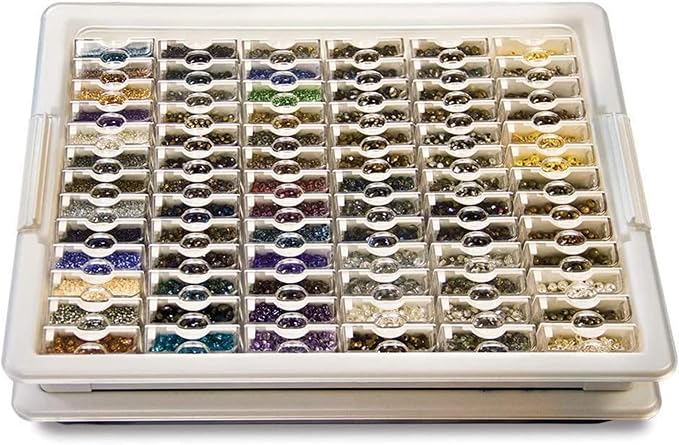 Elizabeth Ward Bead Storage Solutions Plastic Storage Tray and Bead Organizer with 78 Containers of Various Sizes, Tray, and Lid for Beads, Clear