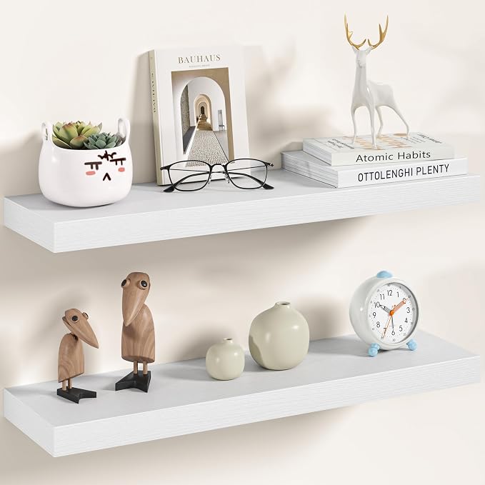 Vivelove 24 Inch Floating Shelves Wall Mounted for Display, 6.5 Deep Duty Shelves with Invisible Brackets for Living Room,Bedroom,Kitchen, Bathroom Storage & Decor,24" Wx6.5 Dx1.4 H - White