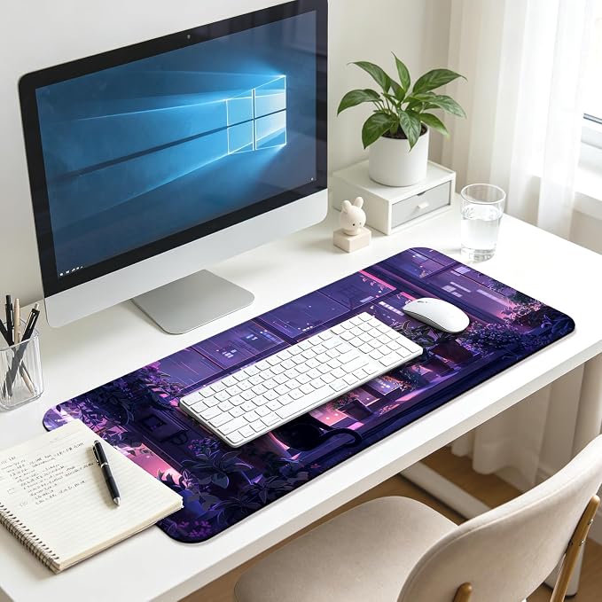 Japanese Anime Cute Cat and Plant Gaming Desk Mat, Computer Keyboard Large Extended Kawaii Animal Mouse Pad for Office and Home, 31.5×11.8 Inches, XL, Purple