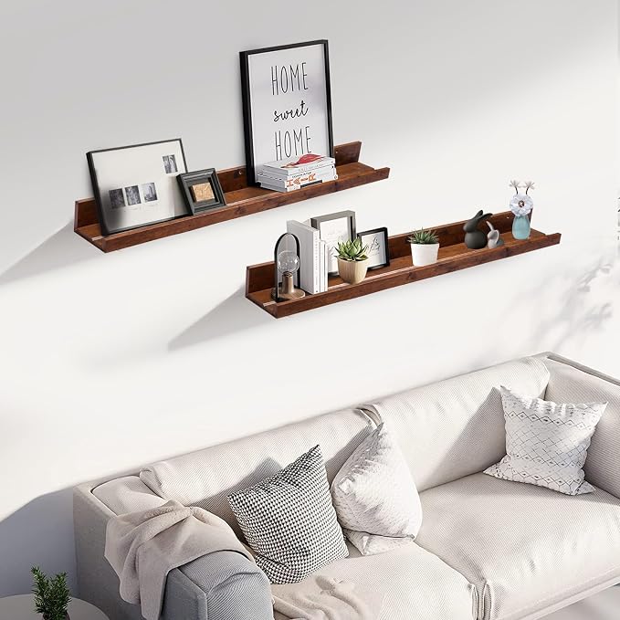 Muzilife 45.3" Large Floating Wall Ledge Shelves with Lip - Set of 2 Rustic Wood Floating Shelves - Walnut Brown Wall Mounted Picture Ledge for Office, Bathroom, Bedroom, Living Room, Kitchen
