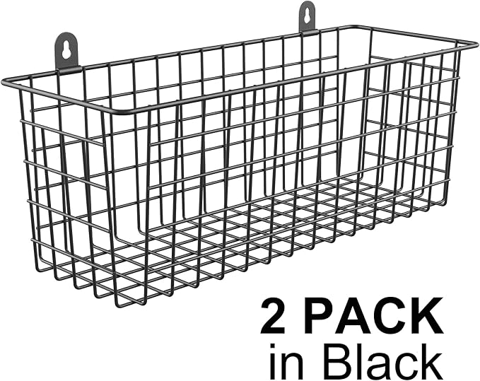 MaraFansie [Extra Large] Wire Basket 2-Pack Hanging Wall Organizer Cabinet Storage Basket Wall Mounted Shelves Rustic Farmhouse Decor for Home Kitchen Bathroom, BLACK