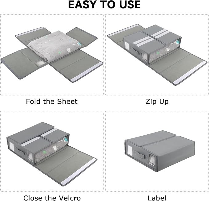 4 Pack Sheet Organizers and Storage Foldable Sheet Organizer for Linen Closet Fabric Container Boxes with Clear Window and Handle for Blanket Comforter Pillow, Grey