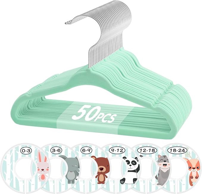 VIS'V Velvet Baby Hangers with 6 Pcs Dividers, 11 Inch, Mint Green, 50 Pcs | Compact Size, Non Slip, Infant Toddler Nursery Closet Organization