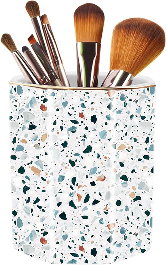 Pen Holder, Makeup Brush Holder Ceramic Shiny Gold Terrazzo Marble Stone Pattern Pencil Cup for Girls Kids Women Durable Stand Desk Organizer Storage Gift for Office, Classroom, Home Light Blue