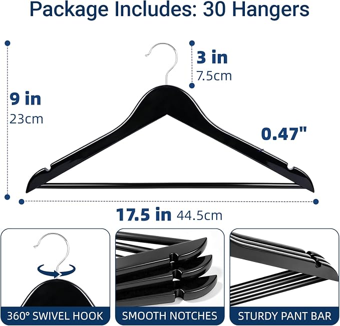 Amber Home Solid Wood Suit Coat Hangers 30 Pack, Smooth Black Finish Wooden Dress Hangers with Non Slip Pant Bar, Clothes Hangers with 360 Swivel Hook & Notches for Jacket, Pant, Shirt (Black, 30)