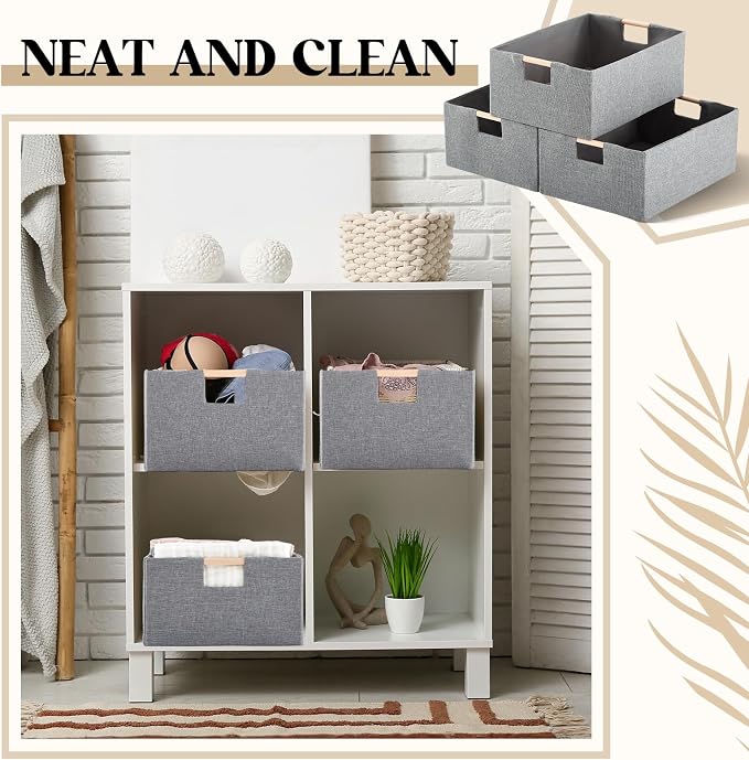 Cinnvoice 3 Pack Fabric Storage Bins for Closet Shelves, 15 x 10.6 x 6 Inch Grey Rectangle Wardrobe Organizer with Handle, Collapsible Shelves Storage Basket for Sorting Clothes and Toy
