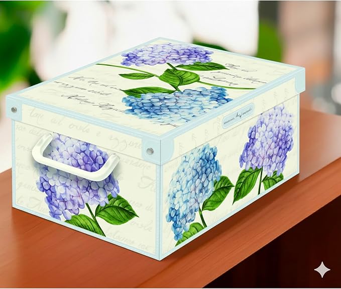 Lavatelli: Storage Box: Small - Hortensia Hydrangeas - Lid-Side Handles, Decorative Cardboard Organizer, Folds, Home-Clothes-Linens, 13.8 x 9.8 x 6.9