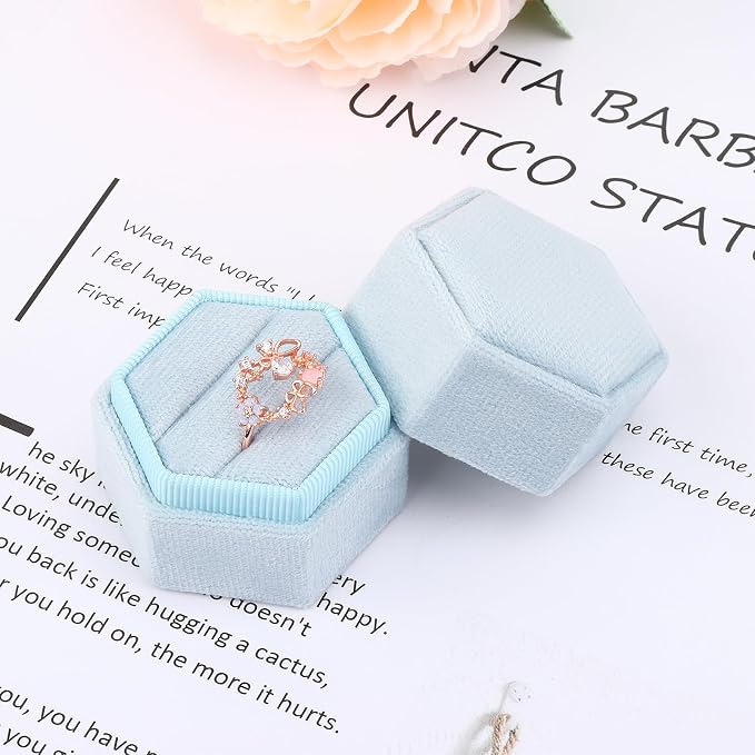 DesignSter Velvet Ring Box Hexagon - Premium Gorgeous Vintage Double Ring Display Holder with Detachable Lid for Proposal, Engagement, Wedding, Ceremony (Light Blue)
