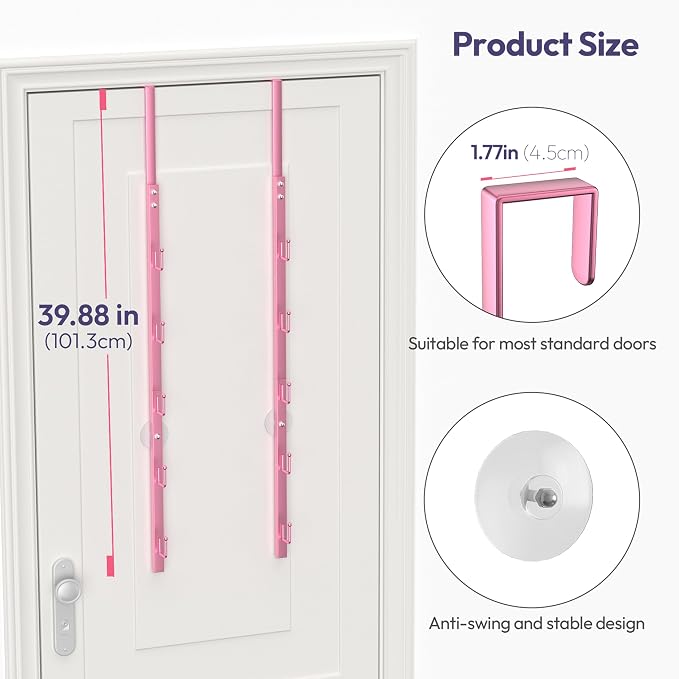 SWTYMIKI Over the Door Purse Organizer - 2 Packs Wall Mounted Purse Rack with 5 Hooks Design, Hanging Handbag Organizer Storage Holds up to 10 Bags, Bag Rack for Closet, Door (Pink)