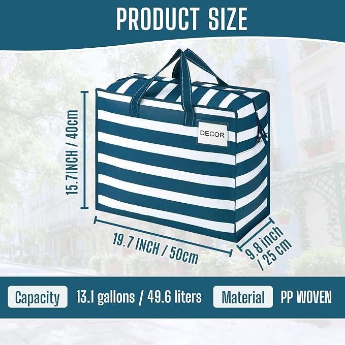VENO 4 Pack Heavy Duty Moving Bags, Storage Bags, Packing Supplies, Top Zipper, Storage Totes for Camping, Clothes, Bedding, Comforters, Pillows (13 Gallon, Classic Navy Stripe, 4 Pack)