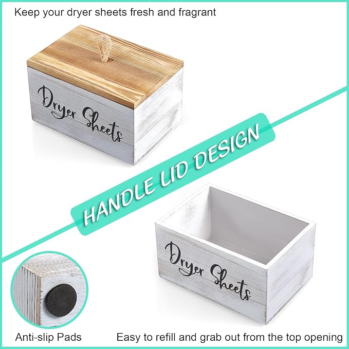 Bivvclaz Dryer Sheet Holder, White Washed Wood Laundry Sheets Container, Laundry Room Organization and Storage for Farmhouse Laundry Room Decor and Accessories, Fabric Sheet Holder