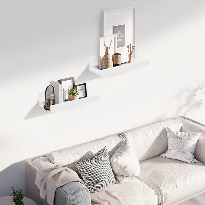 Muzilife 12" Small Floating Shelves Wood Wall Shelf with Lip, 4Pcs, White | FSC-Certified Wood | 20 lbs Capacity | Space-Saving | Hanging Shelf | Wall Decor| Bedroom,Living Room,Bathroom,Kitchen,Office