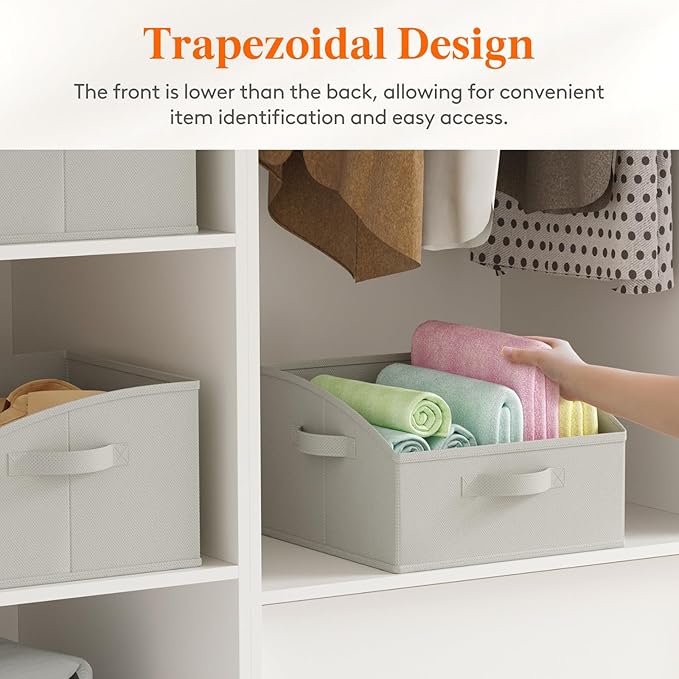 Lifewit Trapezoid Closet Storage Bins for Shelf, 6 Packs Non-woven Closet Organizer Baskets with Handles, Foldable Clothes Containers Boxes for Clothing, Book, Purse, 16L, Medium, Light Gray