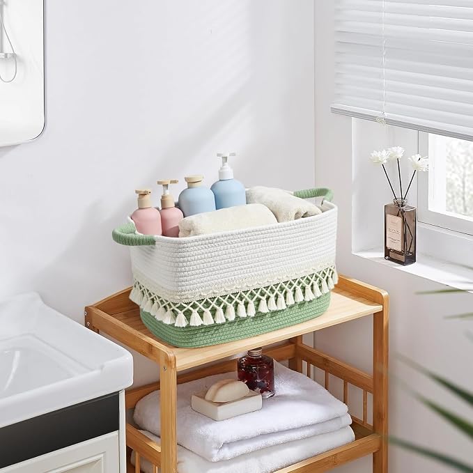 2 Pack Storage Basket, Heavy Tassel Woven Baskets for Storage, Boho Cotton Rope Storage Bin, Cube Organizer Bins, Baby Laundry Basket for Clothes, Toys, Diapers, Pets（White & Green）