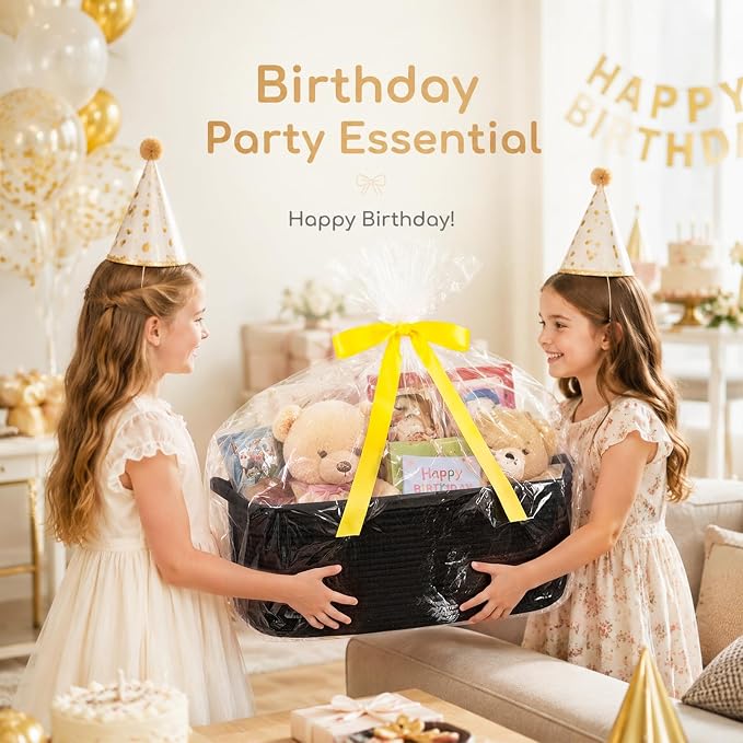 OIASKET Large Empty Cotton Rope Gift Basket with Handles, 16.5"x12.6"x7" Decorative Woven Storage Basket with Gift Bag and Ribbon Set for Baby Shower, Toy Organizer for Kids, Dogs & Cats - Black