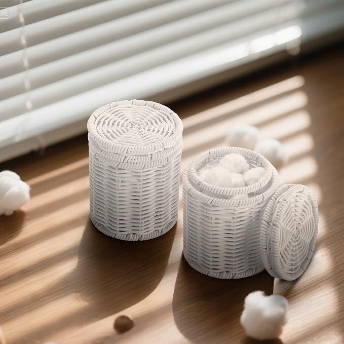 Rattan Jars,Decorative Storage Boxes with Lids, Bathroom Accessories,Rattan Desk Organizer,for Office,Dressing Table,Dental floss picks, cotton swab holders Home Decoration,White（DP056）