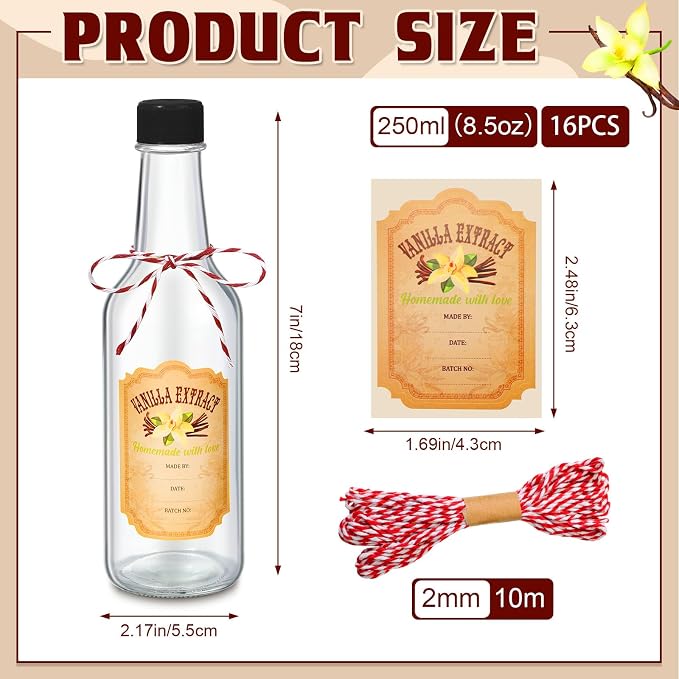 Tioncy 16 Pcs Empty Vanilla Extract Bottles for Homemade Vanilla Jar Glass Bottle with Cap, Shrink Band, Sticker DIY Crafts Wedding Gift Food Storage Canister for Bean(Silver,8.5 oz)