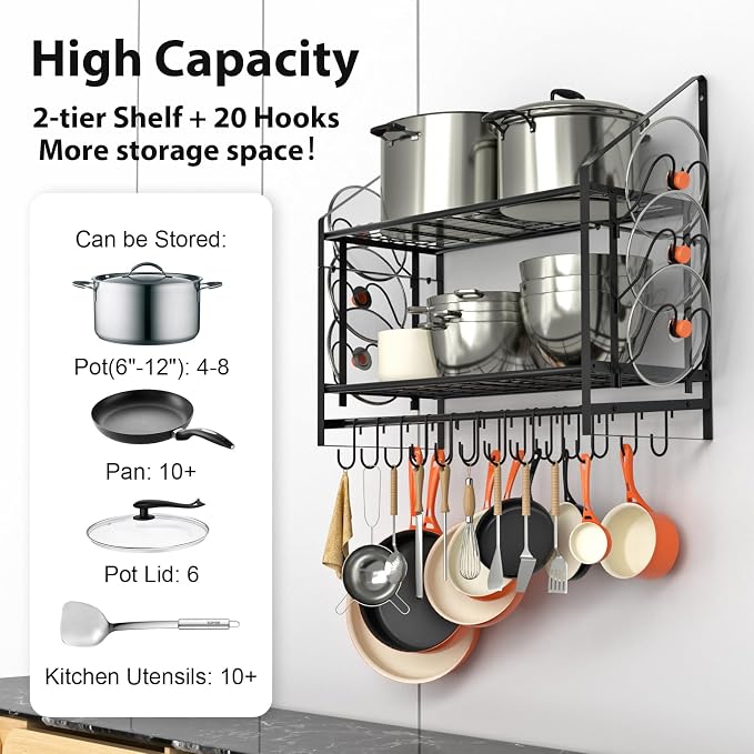 VyGrow 28 Inch Pot Rack Wall Mounted, 2 Tier Pots and Pans Organizer with 20 Hooks and 6 Pot Lid Holders, Heavy Duty Steel Pot and Pan Hanger for Kitchen Cookware Utensils Storage 34.7" Lx13 Wx26.4 H