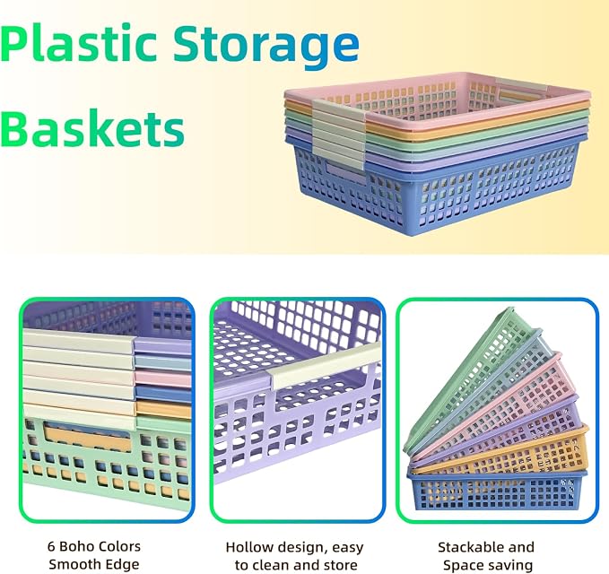 6 Pack Plastic Turn in Paper Trays for Classroom, Colorful Storage Bin Basket Organizers for School Supplies, Classroom Organization and Storage Tray Holds 4A Paper (Mixed Color)