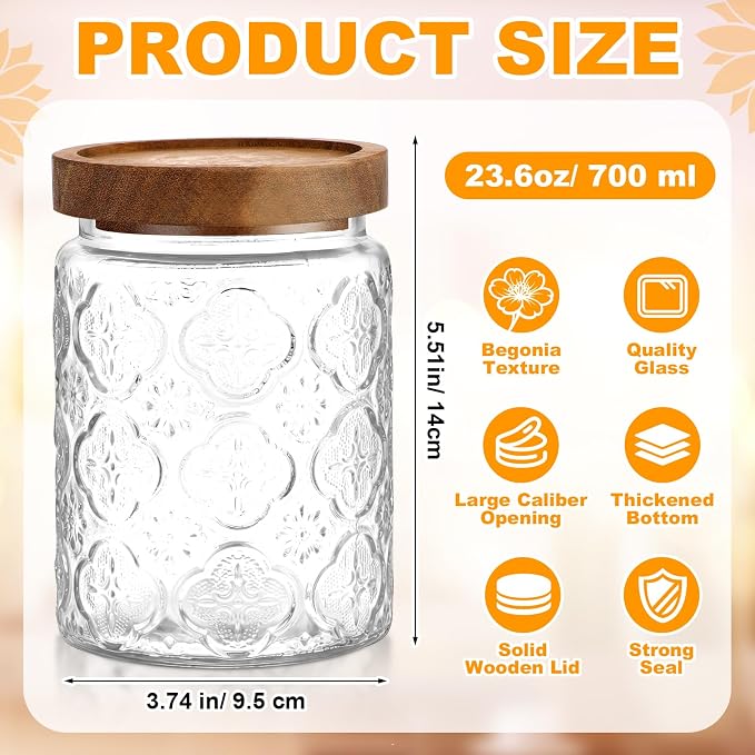 LemonRoad 4 Pcs Vintage Clear Glass Storage Jars 23.7 oz Mason Jar Canister with Wood Lids Food Storage Container for Cookie, Pantry, Candy Kitchen, Coffee, Tea, Flour, Sugar, Decorative Home Decor