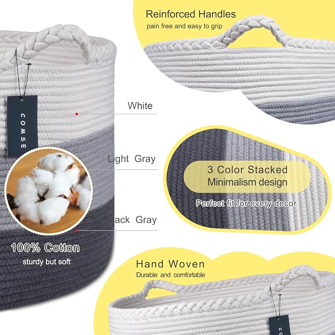 COMSE Extra Large Woven Blanket Laundry Basket, 21.7”x 13.8”, Nursery Hamper, Cotton Rope Laundry Hamper Living Room for Storage Toys Clothes Towels (White & Light Gray & Dark Gray)