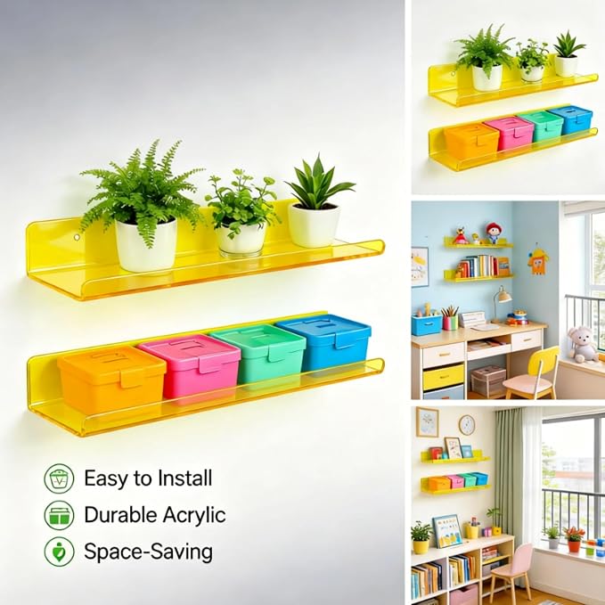 ROYALITA 2-Pack Acrylic Shelves Wall Mounted, 17 Inch Display Shelves | for Small Items Plants Organize Wall Shelves for Gaming Room, Bedroom, Living Room, Office, Yellow