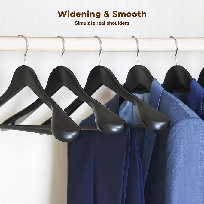 Coat Hanger 8-Pack, MEQUTION Wood Hangers Trouser Hangers Extra Wide Shoulder Wooden Hangers for Heavy Coat, Sweater, Skirt, Suit, Pants, Retro Finish (Black)