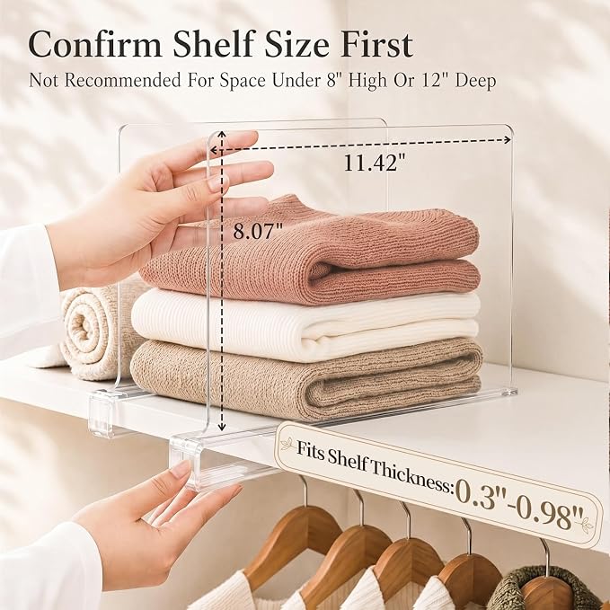SortNStore Shelf Dividers Purse Organizer for Closet: 12-Pack Acrylic Bag Storage Organizer for Handbags, Clutches, Clothes, Sweater, Towel on Wood Shelves