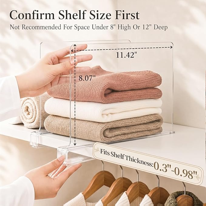 SortNStore Shelf Dividers Purse Organizer for Closet: 16-Pack Acrylic Bag Storage Organizer for Handbags, Clutches, Clothes, Sweater, Towel on Wood Shelves