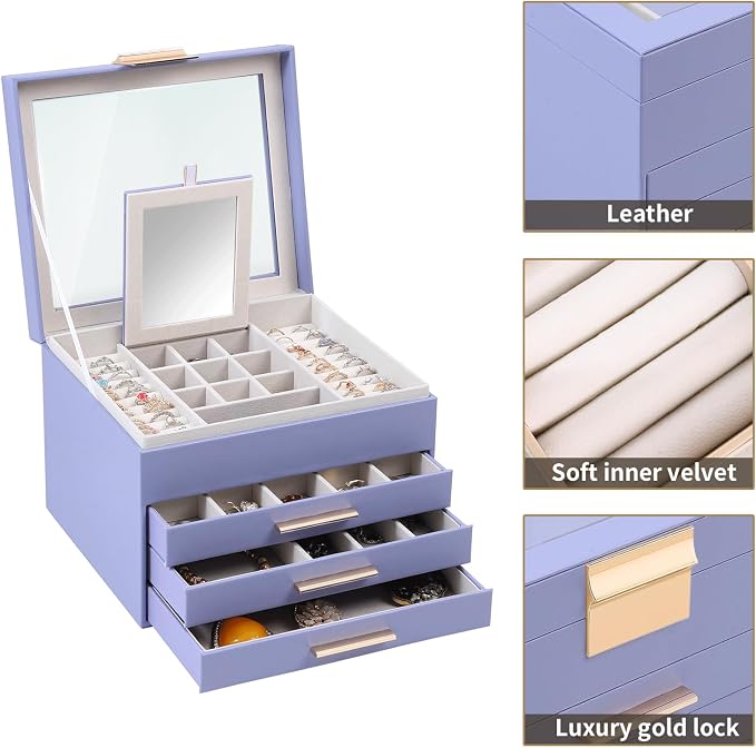 BOOVO Clear Lid Jewelry Box,3 Layers Jewelry Organizer Large Jewelry Storage Box with 2 Drawers,Jewelry Holder Organzier of Rings Earrings Necklace Bracelets for Women (Purple, 4 Layer)