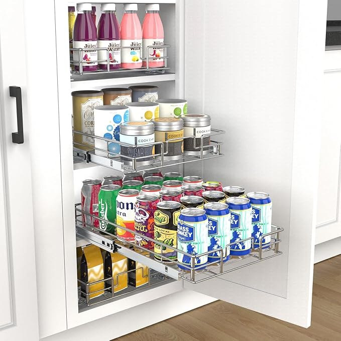 Pulloutor Pull Out Cabinet Organizer,Slide Out Kitchen Cabinet Storage Shelf and Drawer Organizer NEED 12" W and 22" D Cabinet, Chrome Finish (14 * 21 Metal)