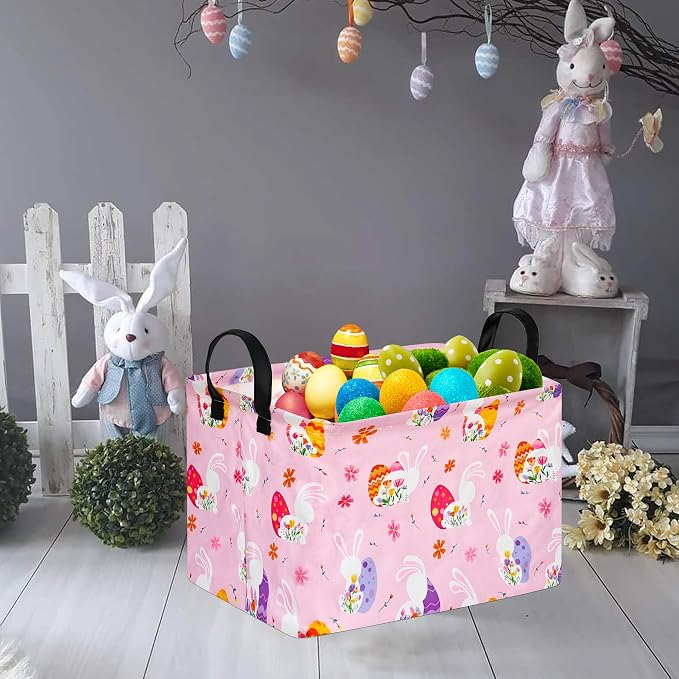 Rectangular Easter Basket Storage Bin for Shelves Cute Gifts Baskets Foldable Box with Handles for Boy and Girl Home Office Car Dormroom Easter Party Supplies