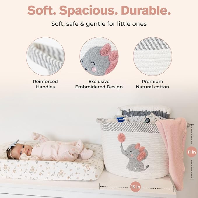 Elephant Storage Basket for Nursery – Large 15”x11” Cotton Rope Bin with Soft Felt Elephant Patch – Toy Organizer, Baby Laundry Hamper, Diaper & Towel Holder – Foldable, Washable & Baby-Safe