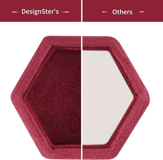 DesignSter Hexagon Velvet Ring Box - Premium Gorgeous Vintage Double Ring Display Holder with Detachable Lid for Proposal, Engagement, Wedding, Ceremony(Deep red)