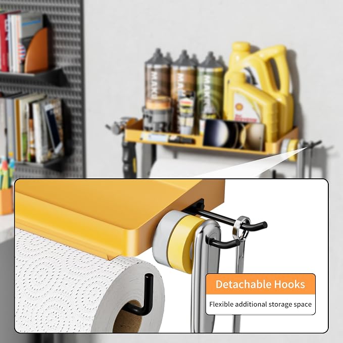 SUNTECH Garage Paper Towel Holder with Shelf, Yellow Heavy Duty Shop Towel Holder, Paper Towel Holder Wall Mount with 2 Hooks for Garage, Workshop, Tool Room Organization