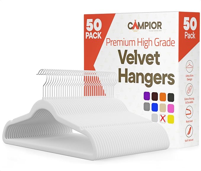 White Velvet Hangers 50 Pack – 360° Swivel Hook, Non-Slip and Space Saving Hangers, Heavy-Duty 11 lbs Weight Capacity - Smooth Velvet Finish for Crease-Free Clothes and Effortless Closet Organization