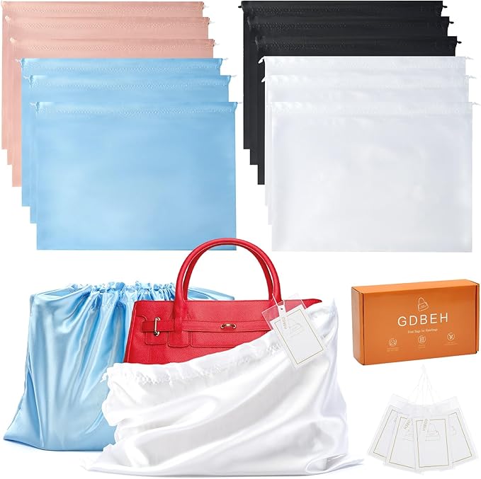 12 Pack Dust Bags for Handbags Travel Storage Pouch Silk Cloth Bag | Drawstring Large Storage Pouch for Handbag Purse Shoes Boots, Multicolor 19.6 x 15.7 Inch