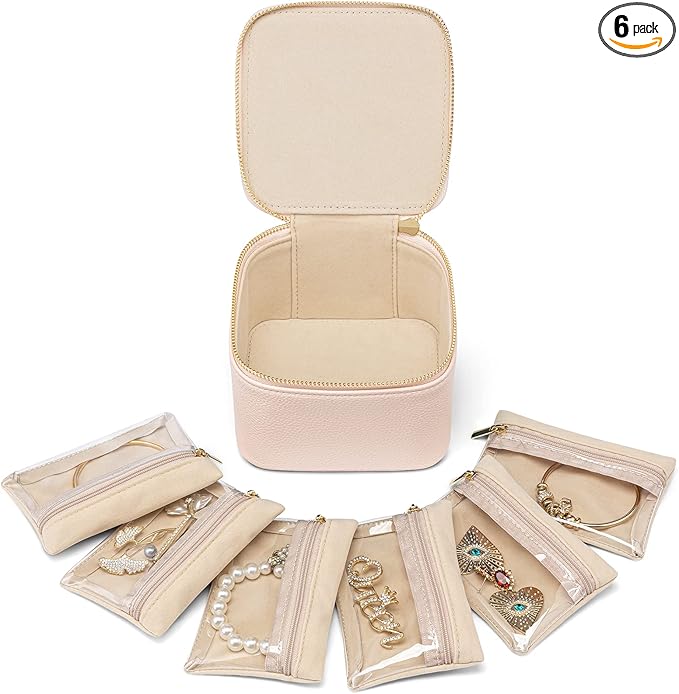 VLANDO Gifts for Teachers,Jewelry Box with 6 Velvet Jewelry Bags Travel Jewelry Storage for Women Girl Jewelry Organizer Necklace Rings Earrings Bags Gifts for Women(Pink)